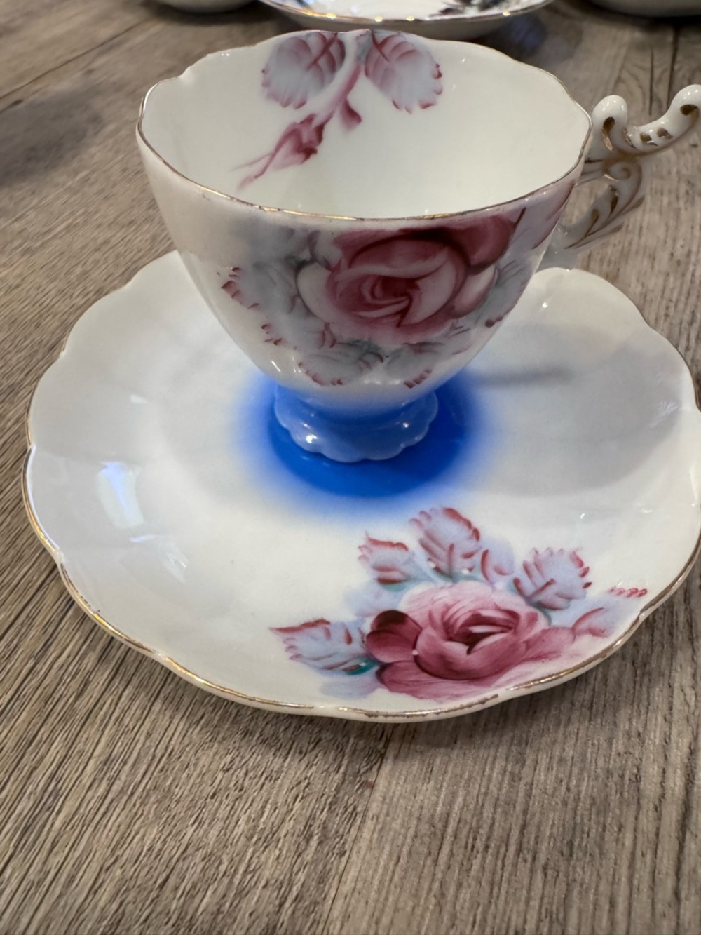 Vintage Tea Cup & Saucer Occupied Japan Hand Painted Roses Blue White